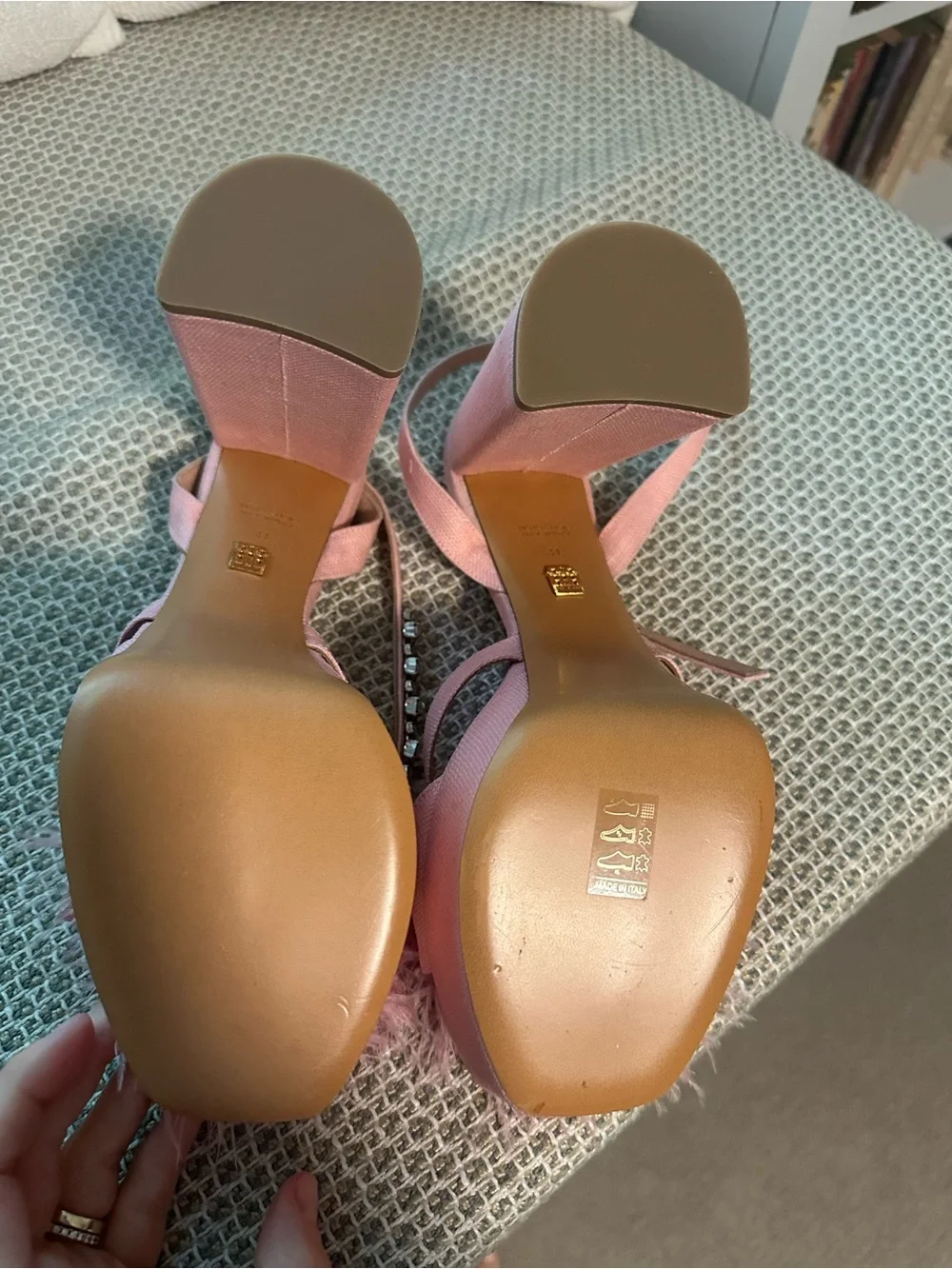 Pink feathered Hill House Home The Party Platform sandals by Vero Cuoio